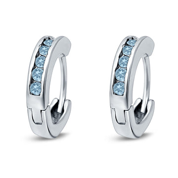 Eternity Huggie Hoop Earrings Channel Round Simulated Aquamarine CZ 925 Sterling Silver